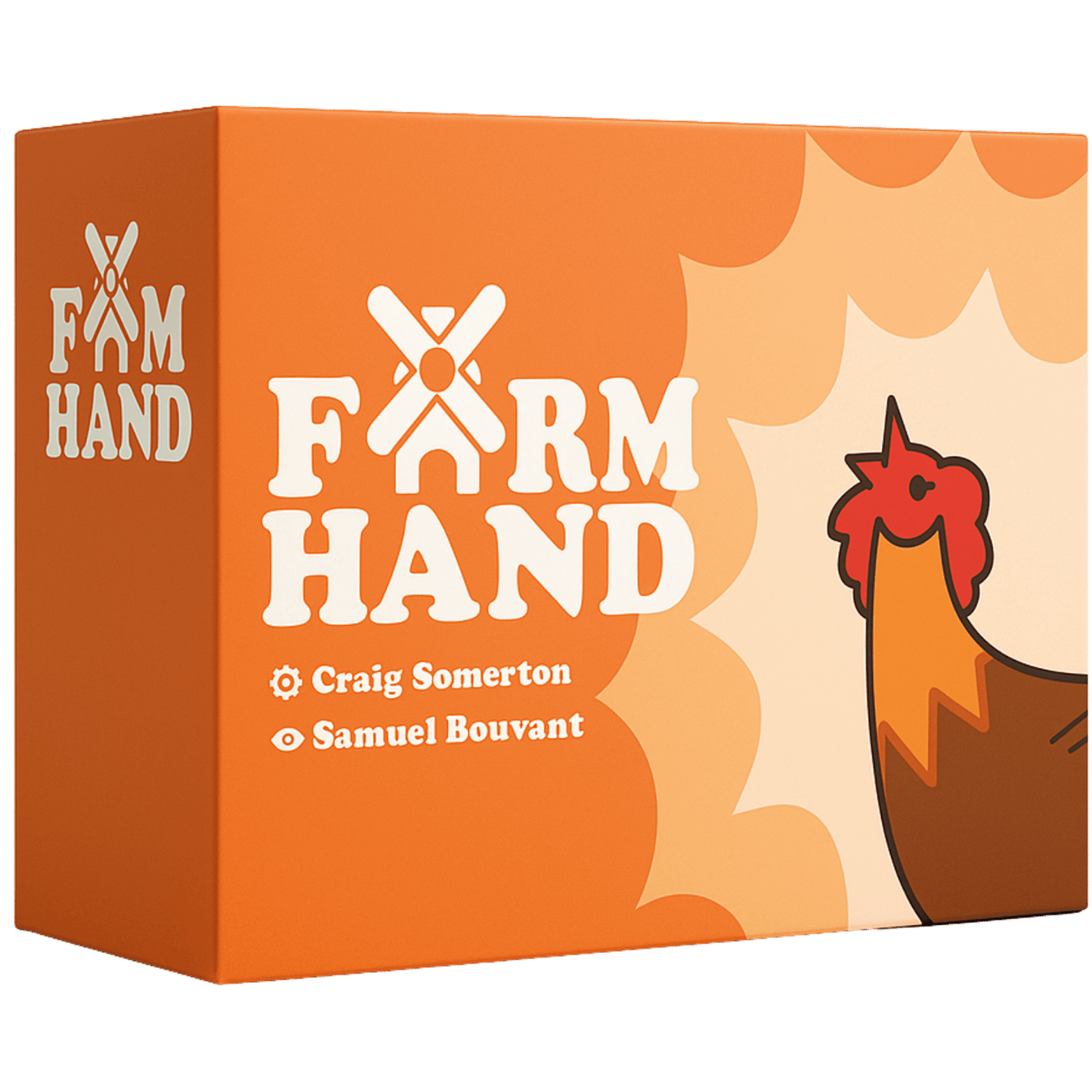 Orange game box for "Farm Hand," featuring white text and a stylized rooster graphic