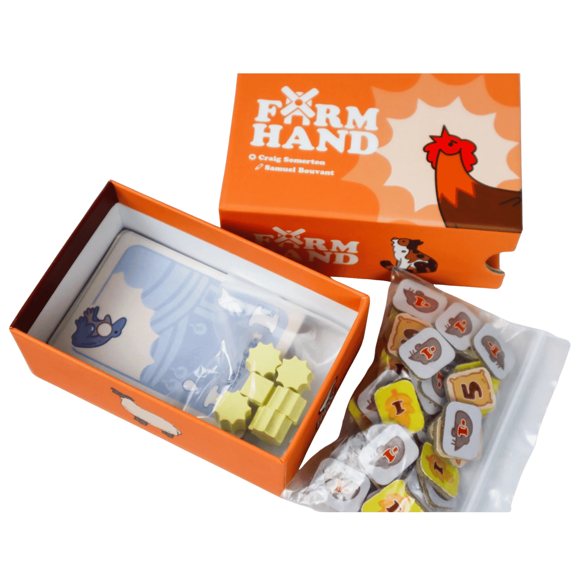 Open Farm Hand board game box displaying cards, yellow wooden tokens, and a bag of animal scoring tiles