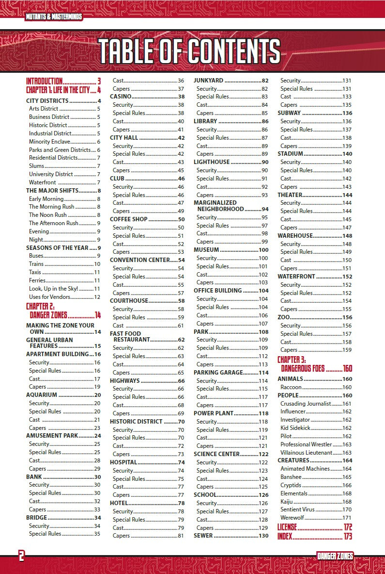 Table of Contents for Mutants & Masterminds game, listing chapters and topics with page numbers on a circuit-patterned background.