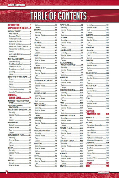 Table of Contents for Mutants & Masterminds game, listing chapters and topics with page numbers on a circuit-patterned background.