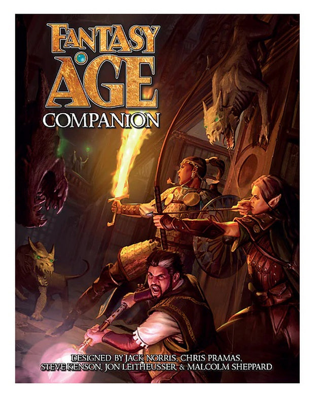Cover for Fantasy AGE Companion: Three adventurers battle ghoulish monsters with a flaming sword, bow, and glowing staff