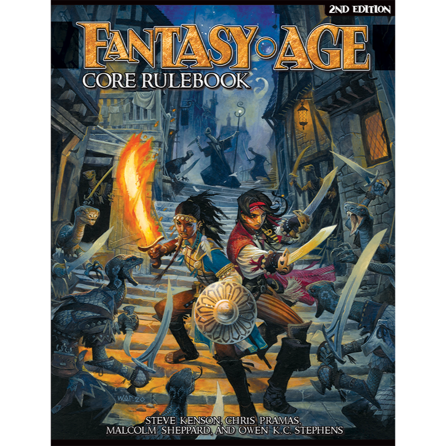 Core Rulebook 2nd Edition: Two heroes, one with a flaming sword, battle reptilian monsters and shadowy figures in a dark fantasy city street