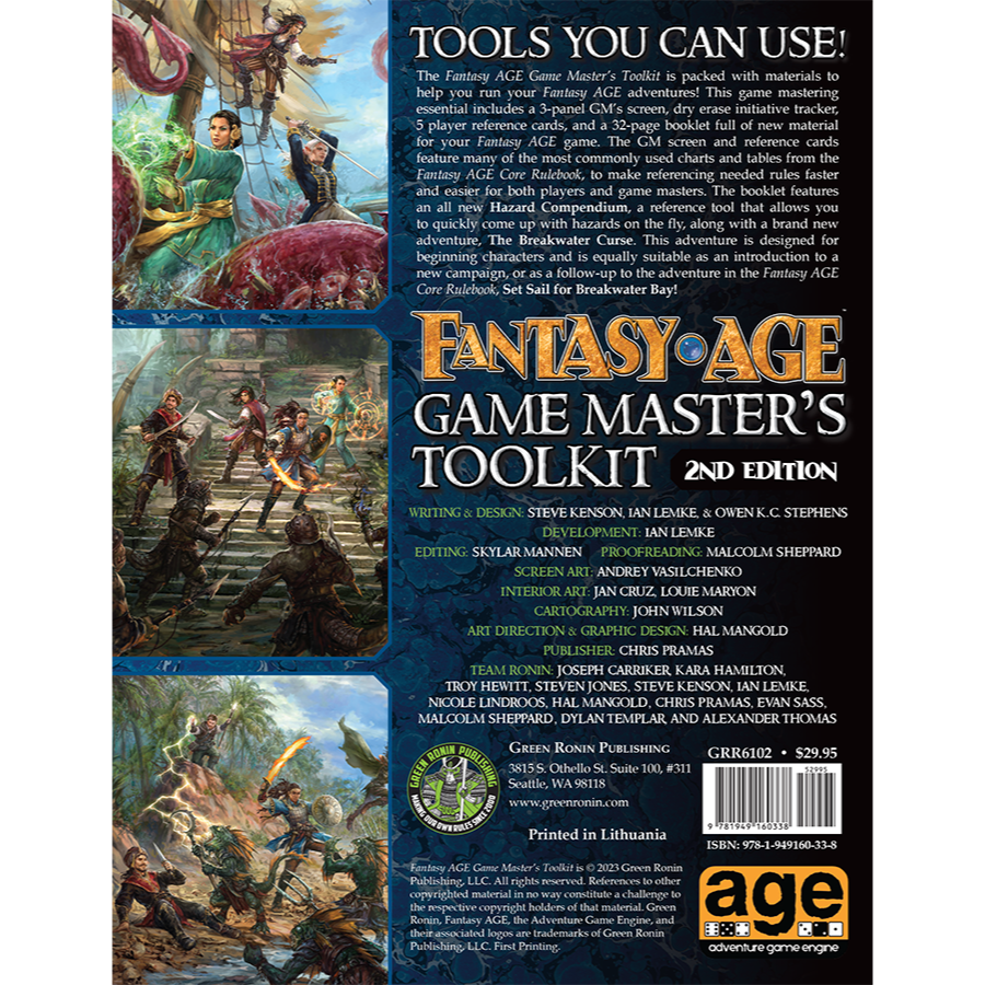 Back cover for Fantasy AGE Game Master's Toolkit 2nd Ed, Shows characters battling monsters in diverse fantasy settings