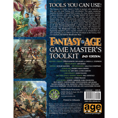 Back cover for Fantasy AGE Game Master's Toolkit 2nd Ed, Shows characters battling monsters in diverse fantasy settings