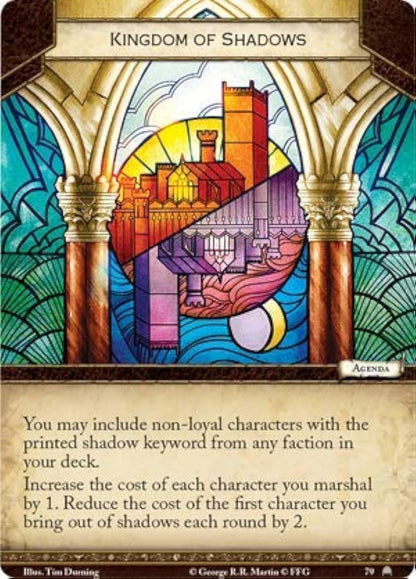 Stained glass window showing a stylized cityscape split between bright day and dark shadow