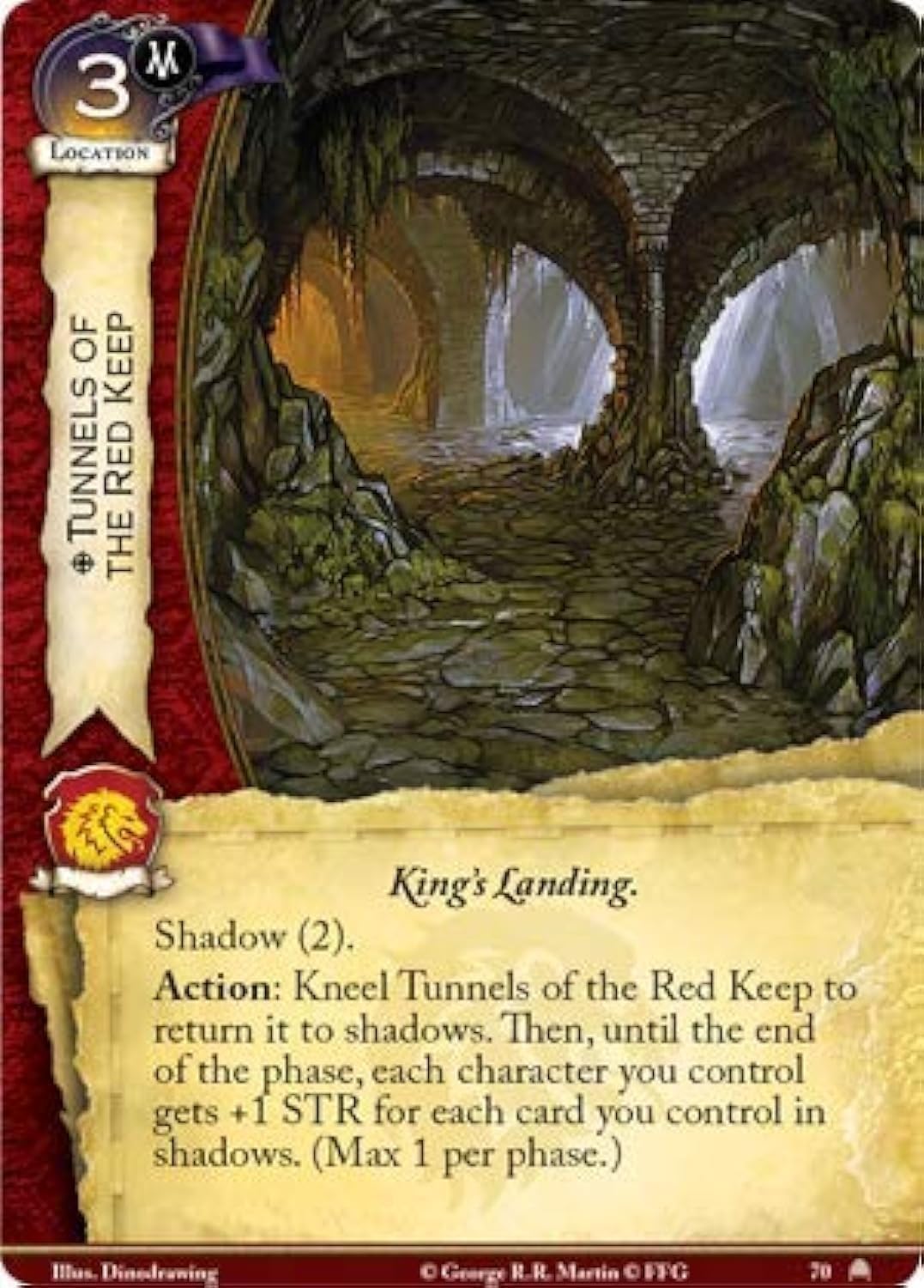 A card showing dark, mossy stone tunnels and vaulted arches beneath the Red Keep