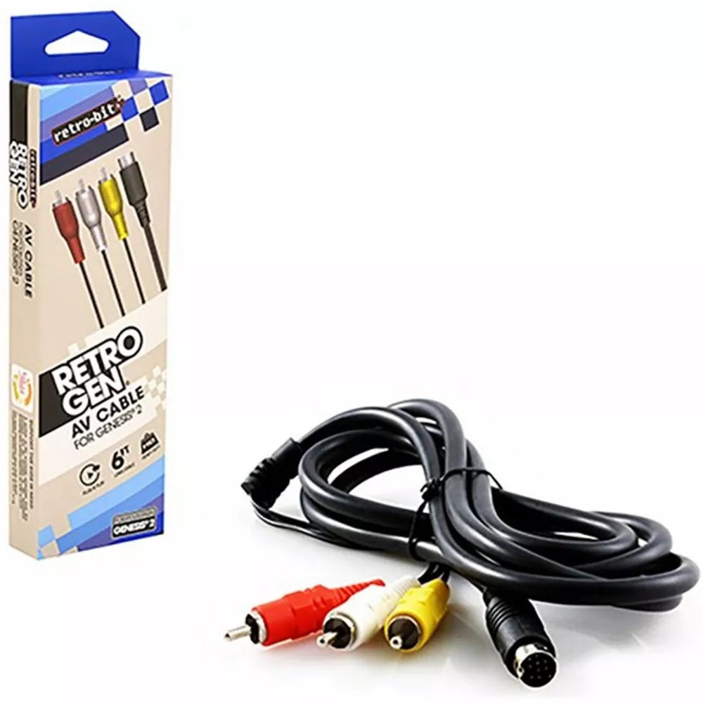 A coiled black Retro-Bit AV cable with RCA and 8-pin DIN connectors for Sega Genesis 2, shown with its retail box