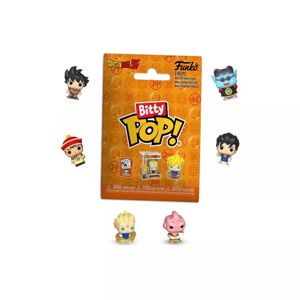 Dragon Ball Z Funko Bitty Pop! mystery figure packaging surrounded by several miniature DBZ character figures