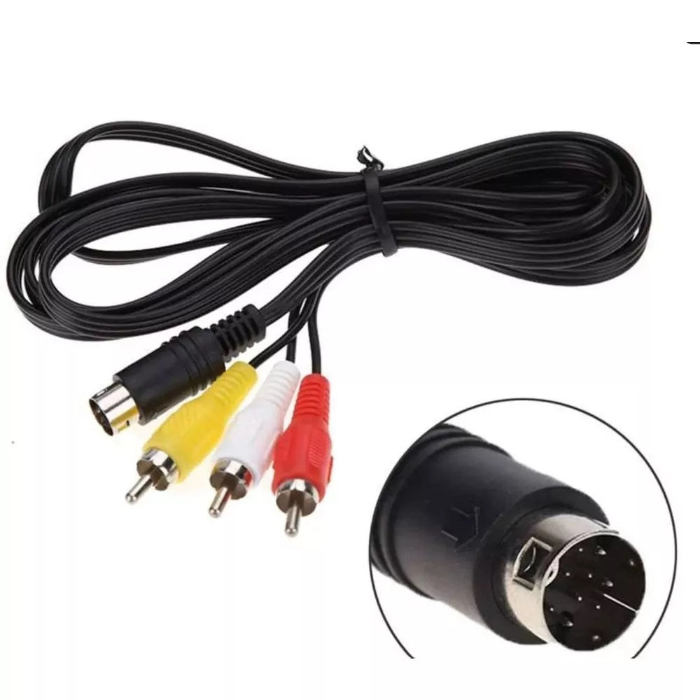 A black S-Video cable converting to yellow, white, and red RCA audio/video connectors 