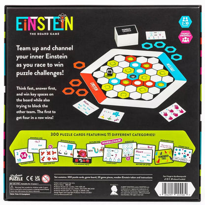 Rear view of the Einstein board game box, displaying the hexagonal board, tokens, and sample puzzle challenges