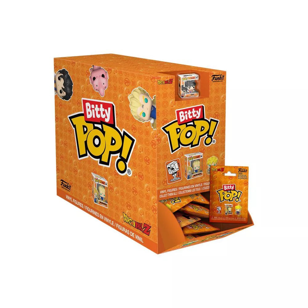 Large orange retail display box filled with Funko Bitty Pop! Dragon Ball Z miniature vinyl figures