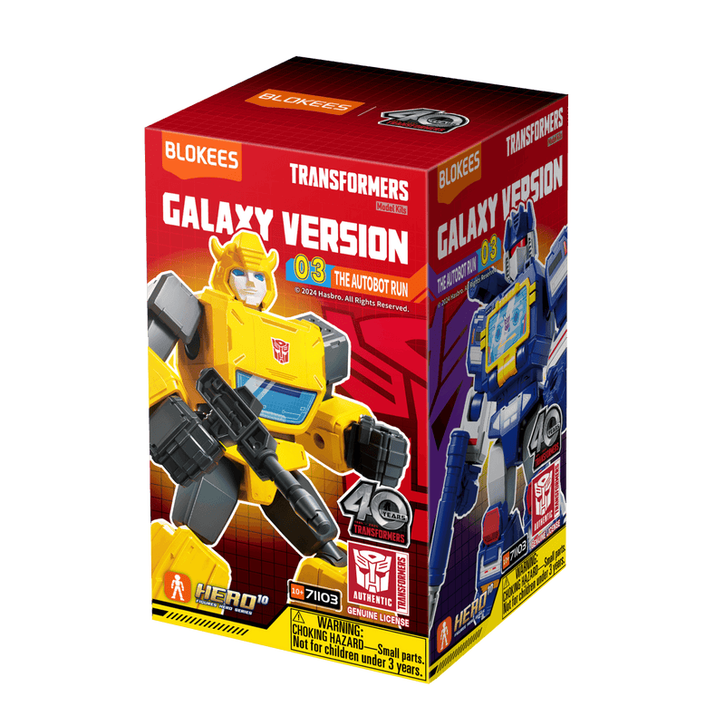 Transformers Blokkees Galaxy Version Model Kits featuring yellow Autobot Bumblebee and blue Decepticon Soundwave figures