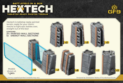 Hextech Tabletop Terrain: pre-painted grey sci-fi wall sections and blue energy barriers for wargaming.