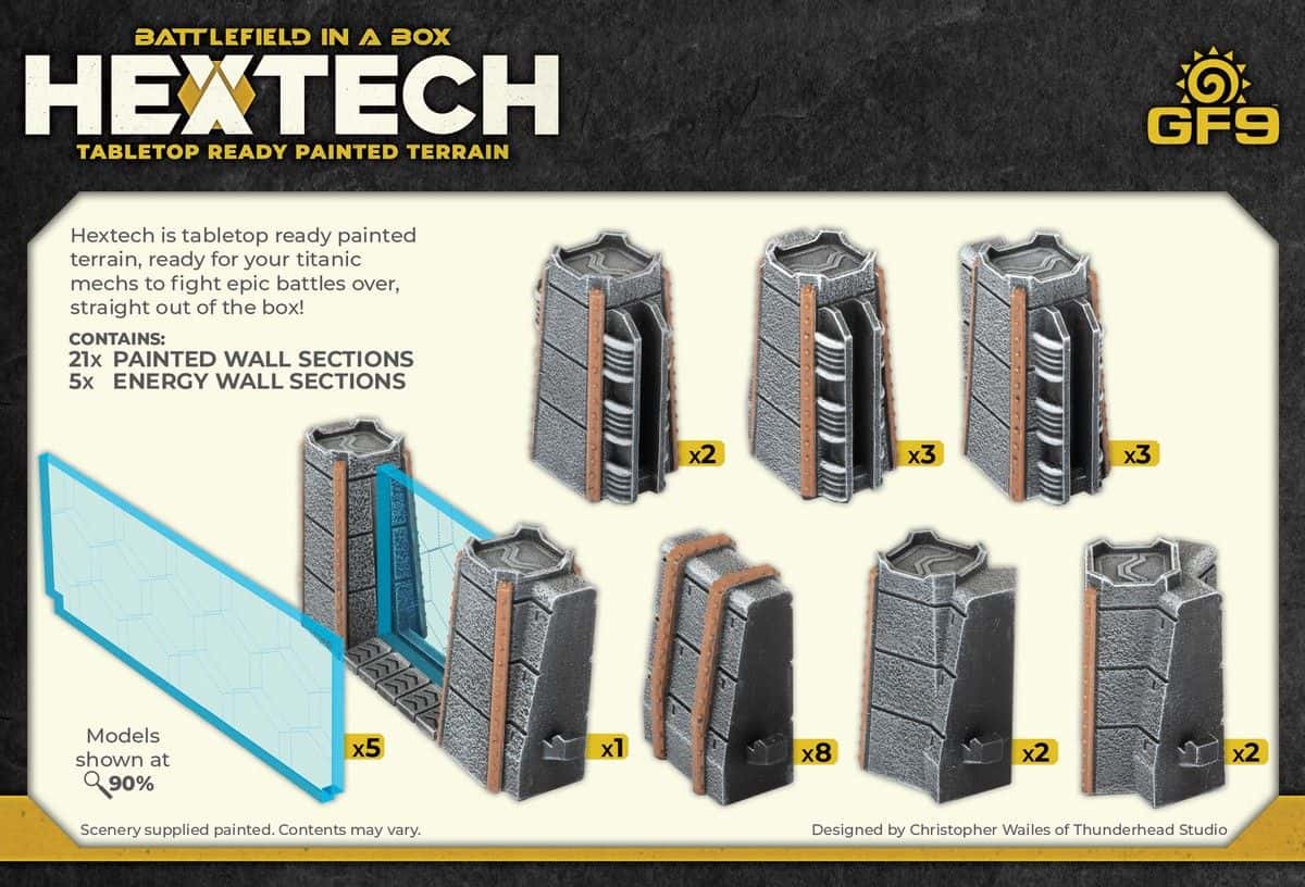 Hextech Tabletop Terrain: pre-painted grey sci-fi wall sections and blue energy barriers for wargaming.