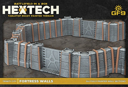 Fully painted Hextech tabletop terrain: Grey industrial fortress walls with orange piping, forming two curved sections and including gates.