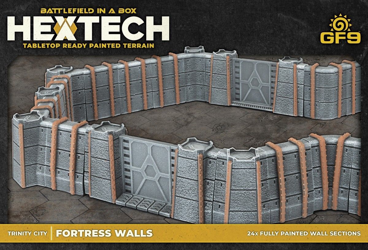 Fully painted Hextech tabletop terrain: Grey industrial fortress walls with orange piping, forming two curved sections and including gates.