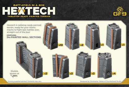 Hextech tabletop terrain: 24 dark grey and brown painted wall sections displayed in various configurations.
