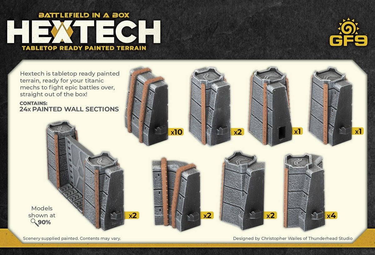 Hextech tabletop terrain: 24 dark grey and brown painted wall sections displayed in various configurations.