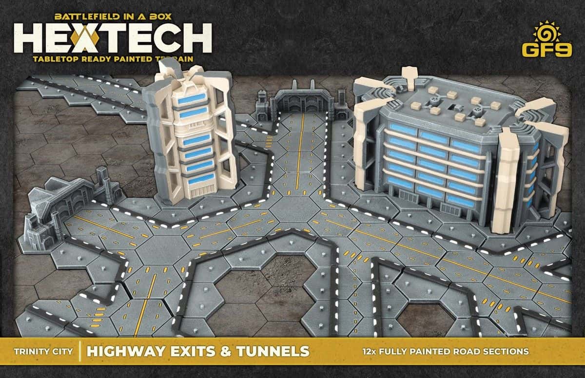 HexTech tabletop terrain set with modular roads, highway exits, a tunnel gate, and two futuristic buildings.