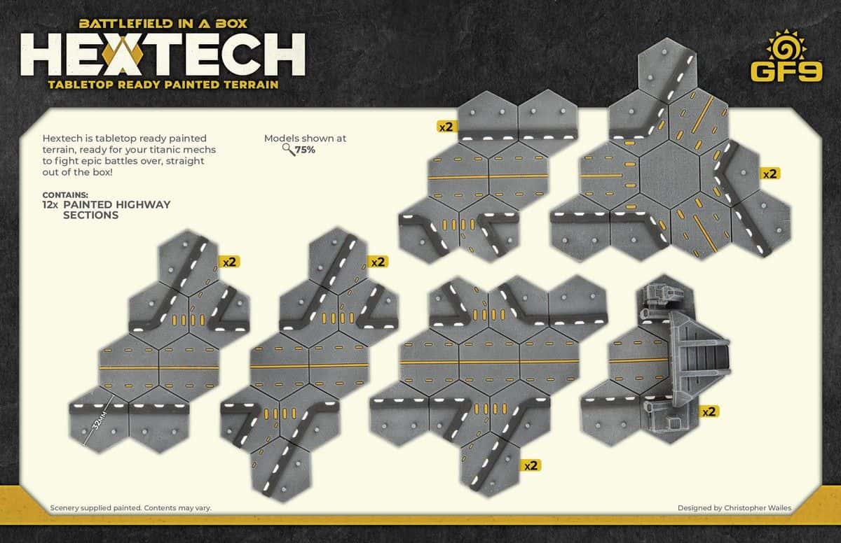 Hextech tabletop terrain: 12 painted grey hexagonal highway sections with road markings, displayed in various layouts.