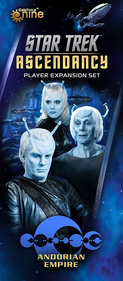 Star Trek Ascendancy: Andorian Empire expansion art. Three blue-skinned Andorians with antennae and a starship.