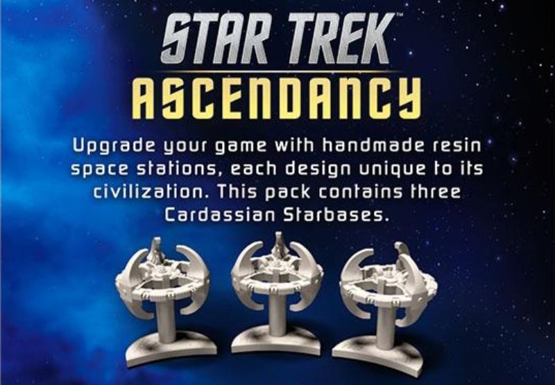 Three grey resin Cardassian Starbase miniatures on stands, from Star Trek Ascendancy.
