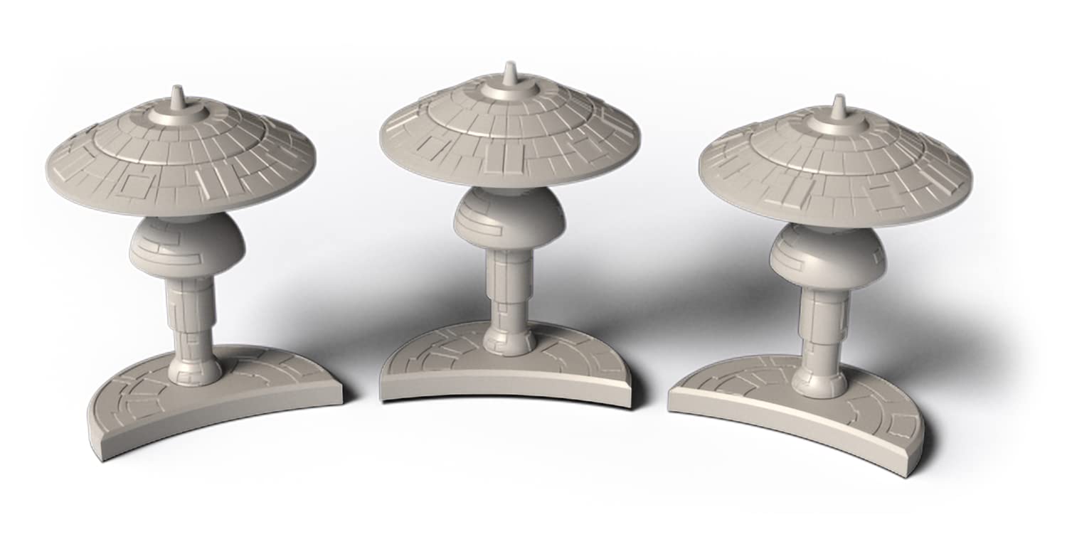 Three light grey sci-fi structures with disc-shaped tops, bulbous middles, and semi-circular bases.