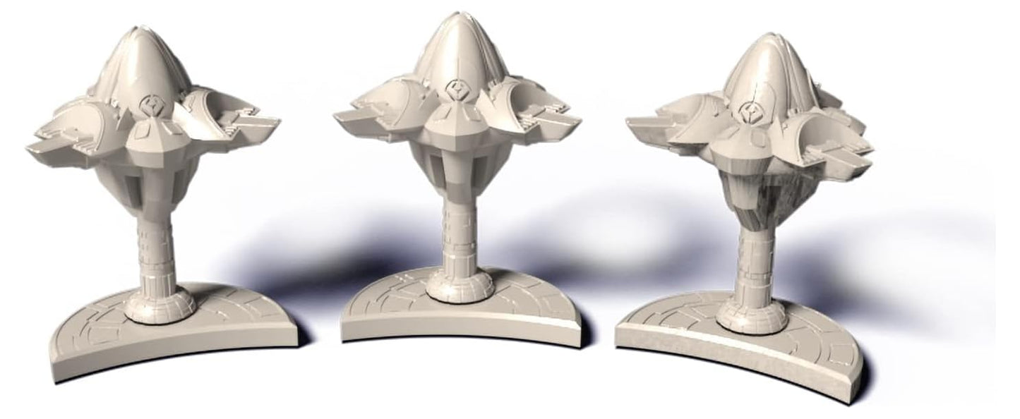 Three light-grey sci-fi ship models on stands, arranged in a row on a white background.