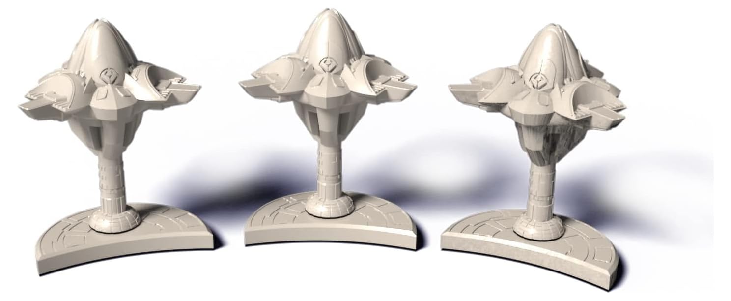 Three light-grey sci-fi ship models on stands, arranged in a row on a white background.