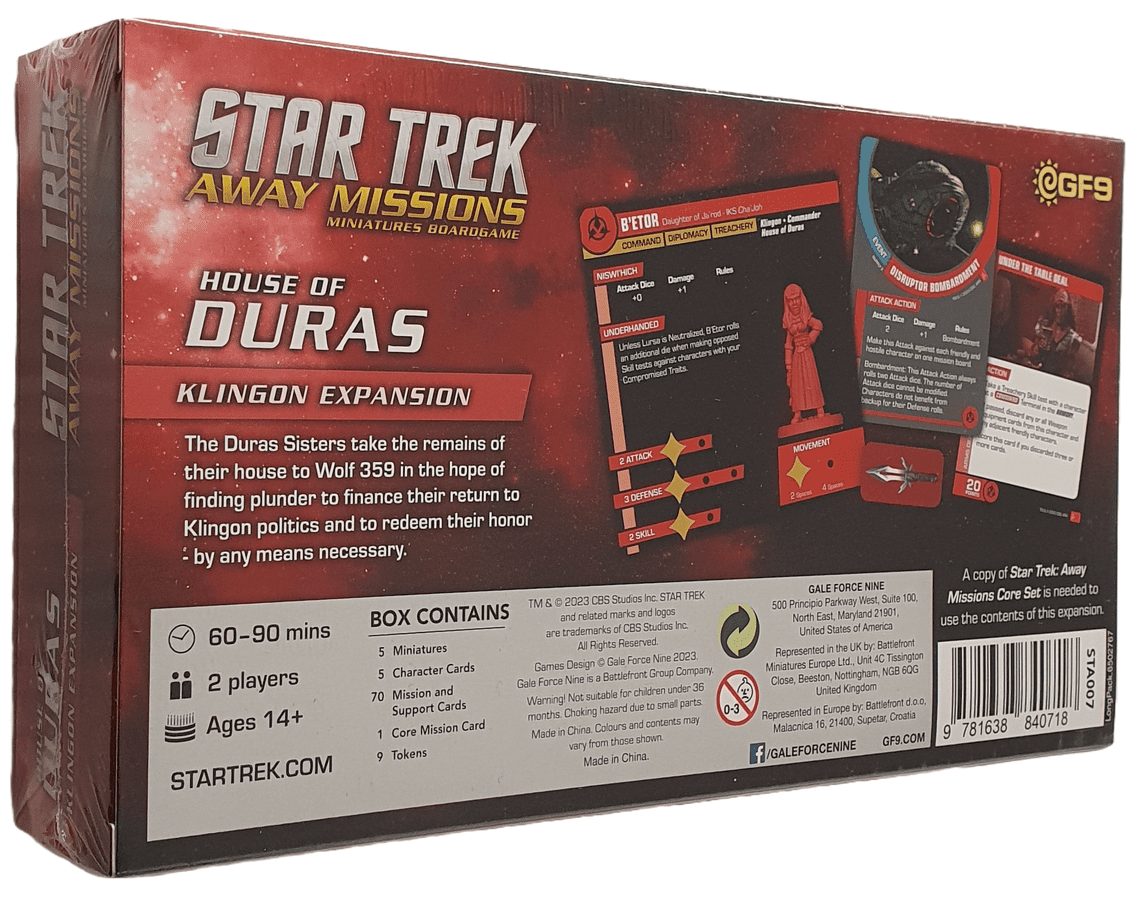 Star Trek Away Missions: House of Duras Klingon Expansion box, showing character cards and a red B'ETOR miniature.