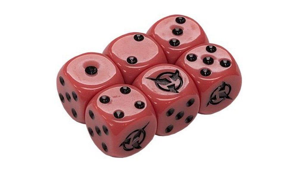 Six red dice with black pips and a stylized 'Q' symbol, clustered together.