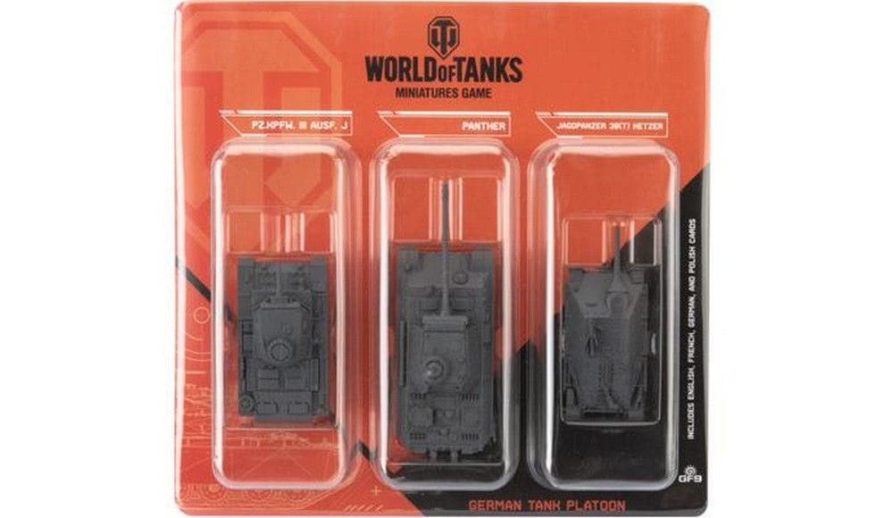 A "World of Tanks German Tank Platoon" game box displaying three grey miniature tanks: Panzer II, Panther, and Hetzer.