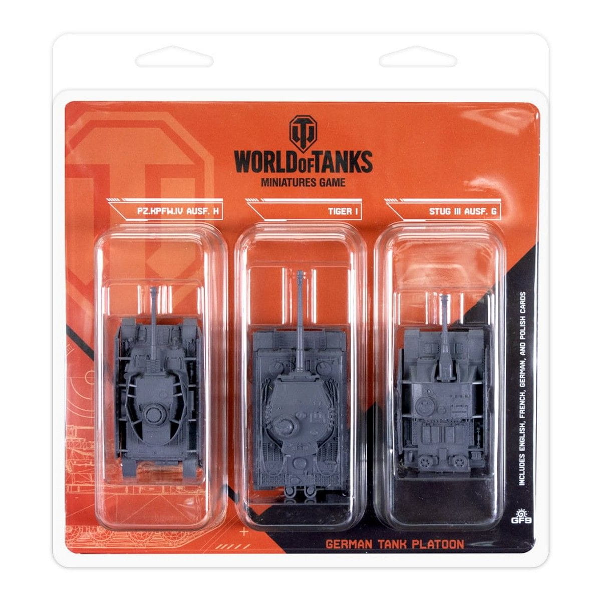 World of Tanks 'German Tank Platoon' set: three unpainted grey miniature tanks (Pz.Kpfw.IV, Tiger I, StuG III) in retail package.