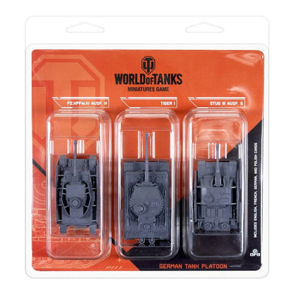 World of Tanks 'German Tank Platoon' set: three unpainted grey miniature tanks (Pz.Kpfw.IV, Tiger I, StuG III) in retail package.