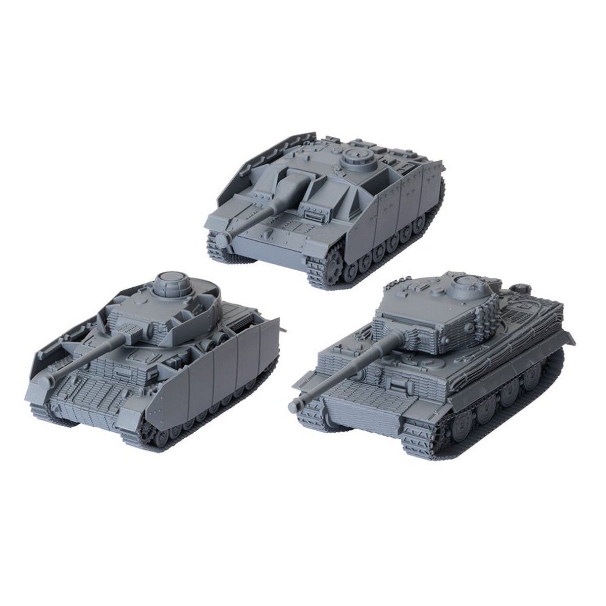 Three detailed unpainted grey miniature tank models on a white background.