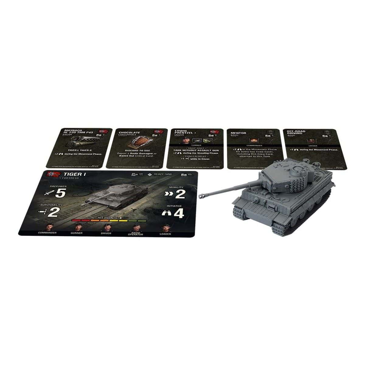 A grey miniature Tiger I tank, with its "TIGER I FORTRESS" stat card and five smaller game cards.