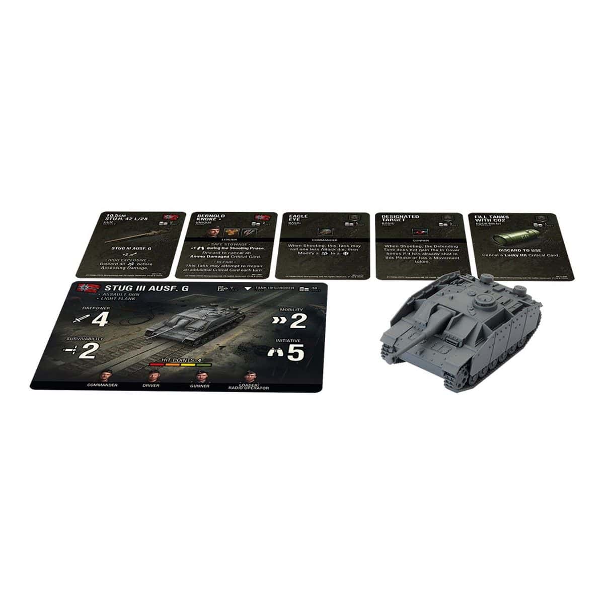 A grey StuG III tank miniature displayed with its "StuG III Ausf. G" game card and several smaller ability cards.