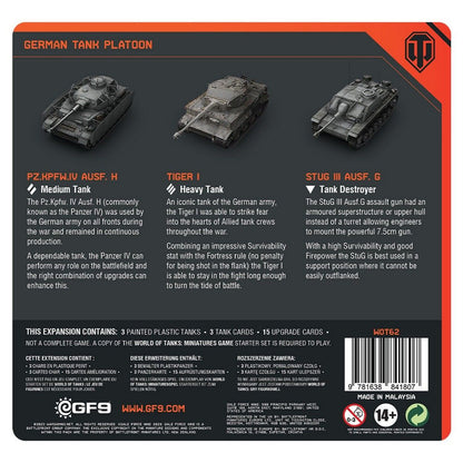 Three miniature German tanks: Panzer IV, Tiger I, and StuG III, on a product image with game set details.