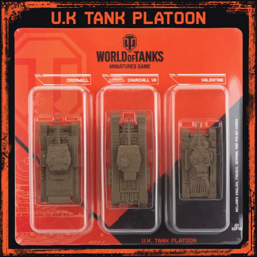 Blister pack with three unpainted World of Tanks UK miniature tanks: Cromwell, Churchill VII, Valentine.