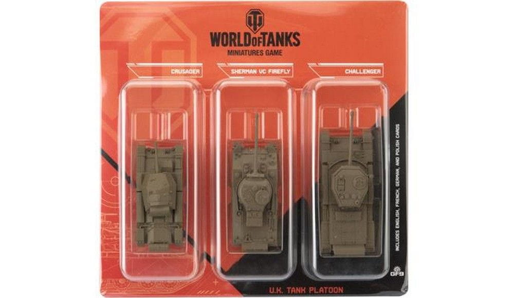 A World of Tanks Miniatures Game U.K. Tank Platoon set, featuring packaged Crusader, Sherman VC Firefly, and Challenger tanks.
