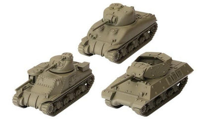 Three distinct olive green miniature WWII tanks: M4 Sherman, M3 Lee, and M10 Wolverine, on a white background.