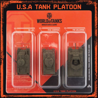 Orange package: World of Tanks Miniatures Game U.S.A Tank Platoon. Three green tanks: M3 Lee, M4A1 Sherman, M18 Wolverine.