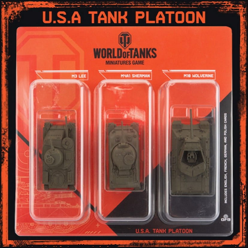 Orange package: World of Tanks Miniatures Game U.S.A Tank Platoon. Three green tanks: M3 Lee, M4A1 Sherman, M18 Wolverine.