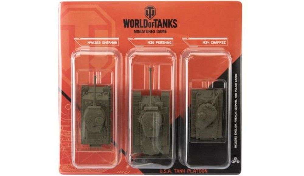 Blister pack of World of Tanks miniatures: M4A3E8 Sherman, M26 Pershing, M24 Chaffee tanks, labeled 'U.S.A. Tank Platoon'.