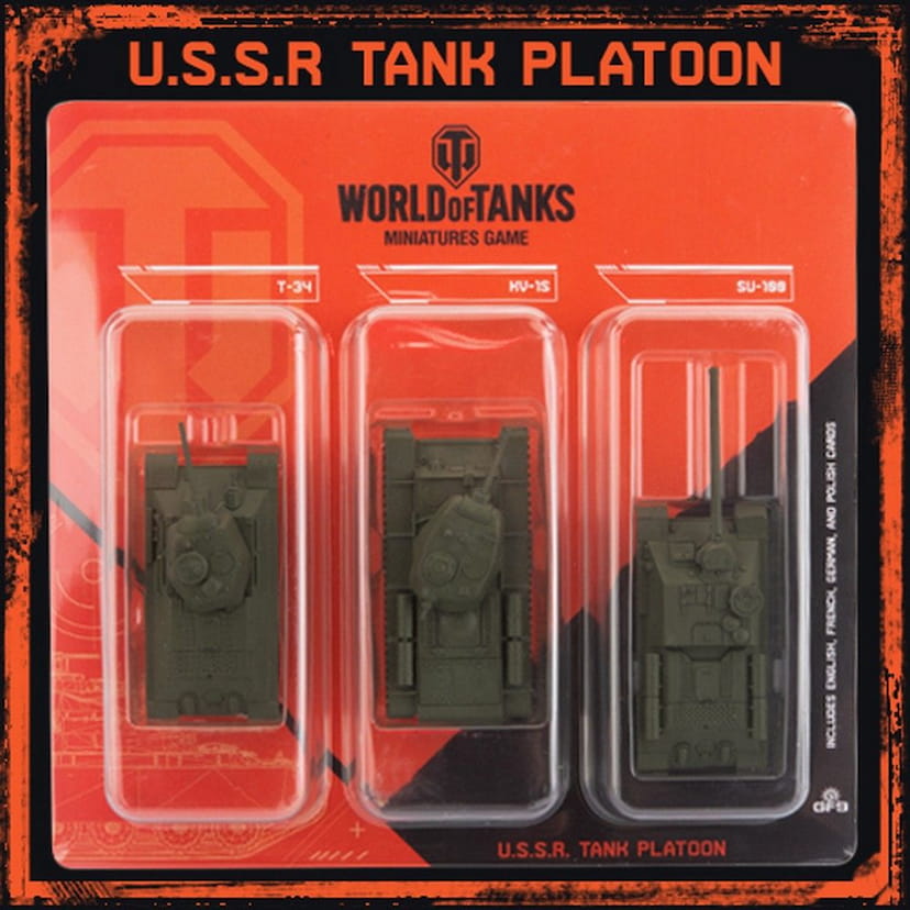 World of Tanks U.S.S.R. Tank Platoon miniatures game set in packaging with three green tanks: T-34, KV-1S, SU-100.
