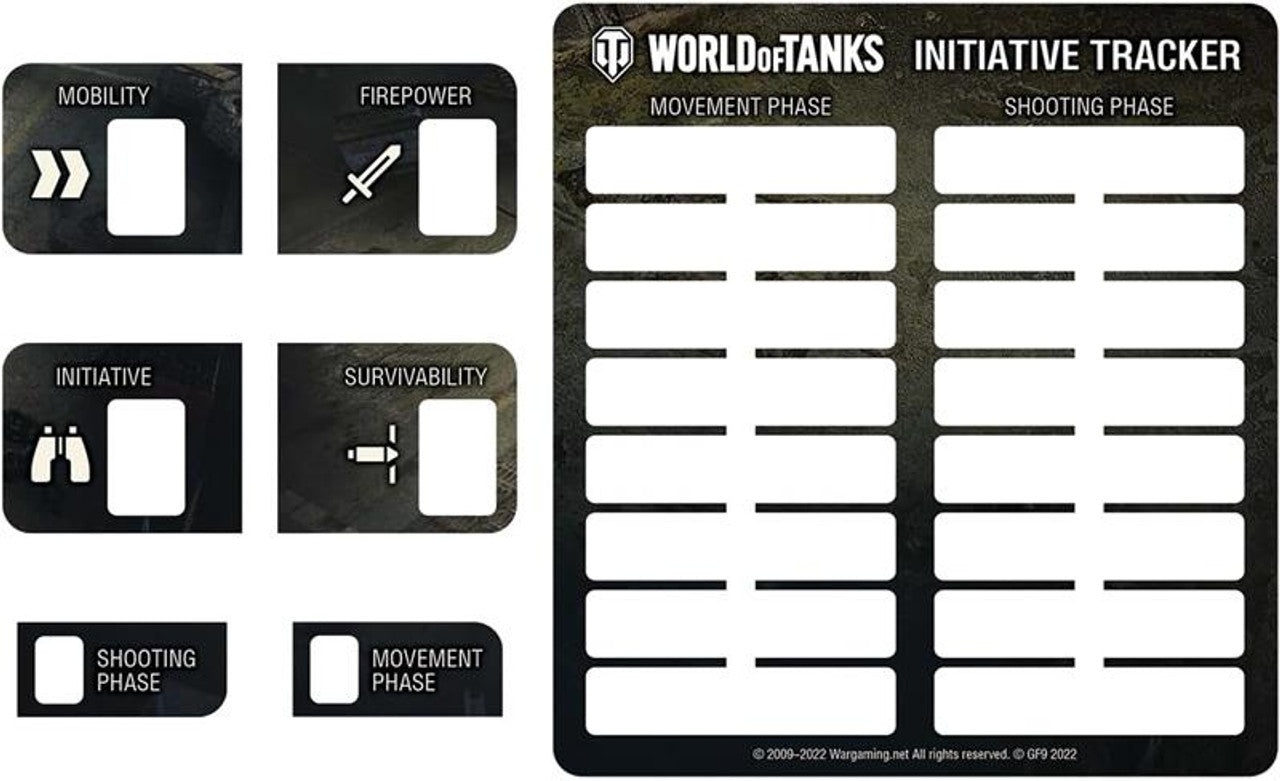 World of Tanks Initiative Tracker board, with Movement & Shooting phase columns and various game tokens.