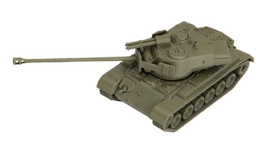 An olive green tank model, seen from a front-right angle, with its gun barrel pointing left.