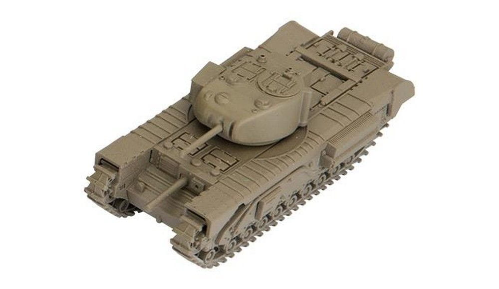 Tan Churchill tank model, viewed from an elevated perspective.