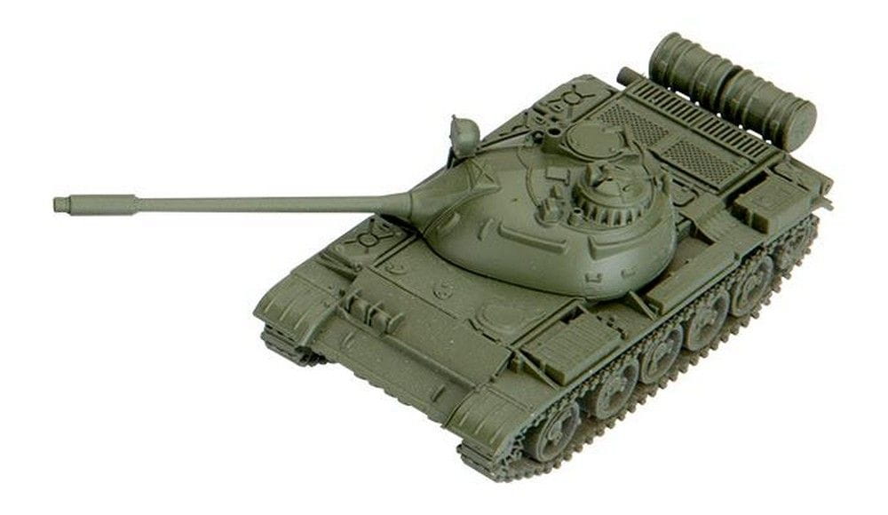 An olive green model tank with a long main gun, viewed from above, on a white background.