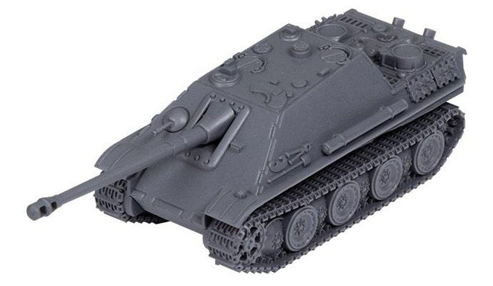A grey model of a Jagdpanther tank destroyer with a long gun, angled from above on a white background.